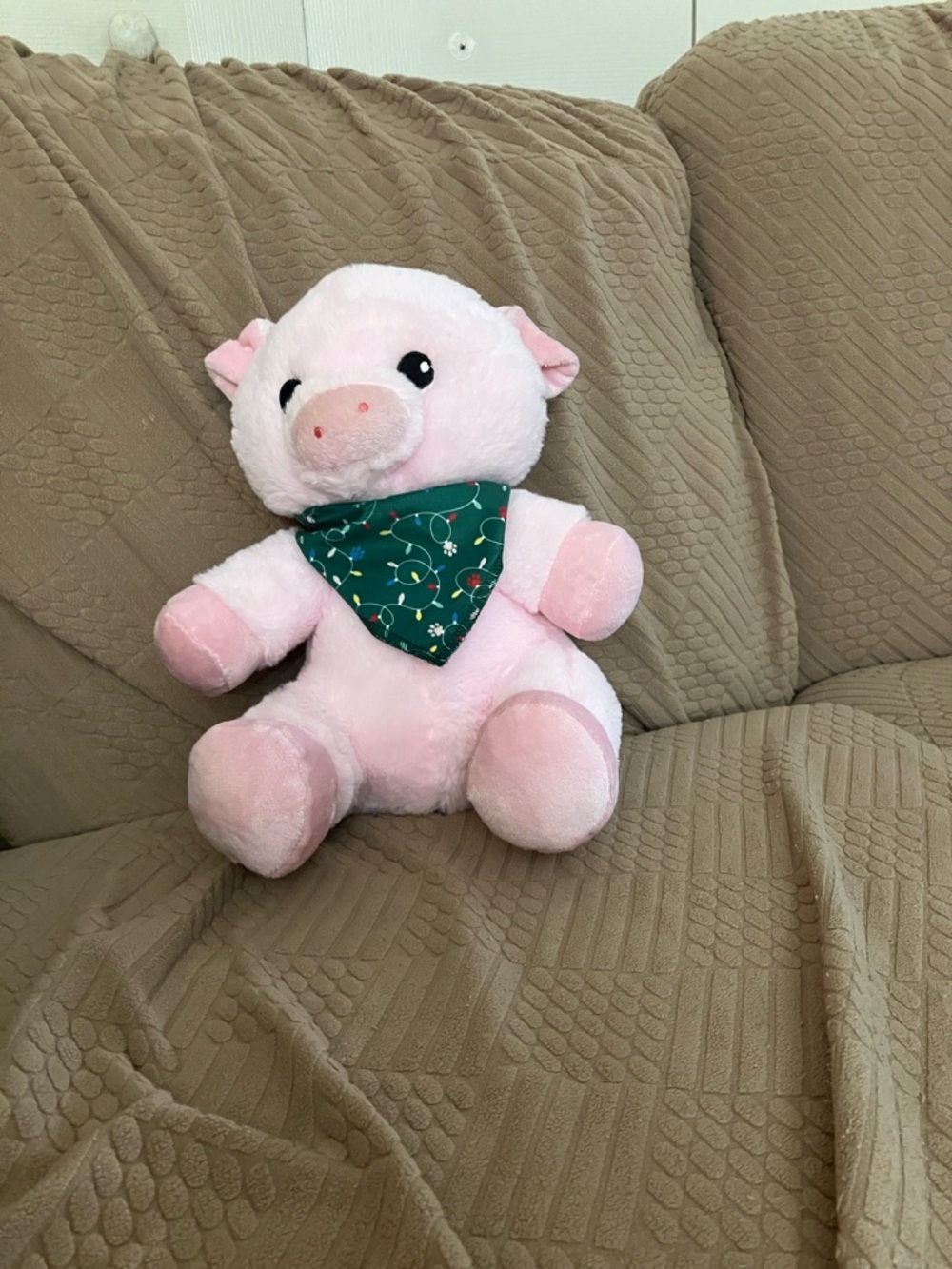 Cute Pink Plush Pig with Holiday Bandana